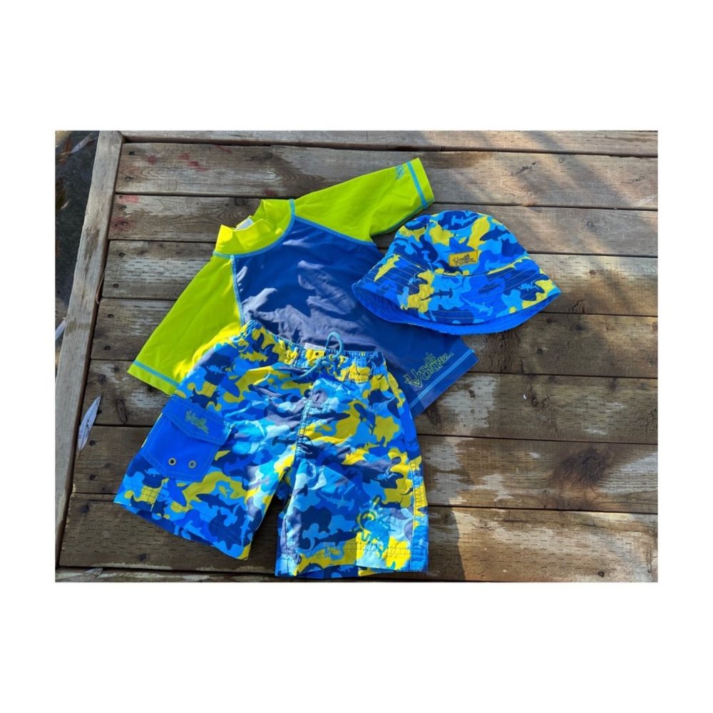 UV Skinz Swim Set Rash Guard Shirt, Shorts, Hat Yellow Blue Sz 2T